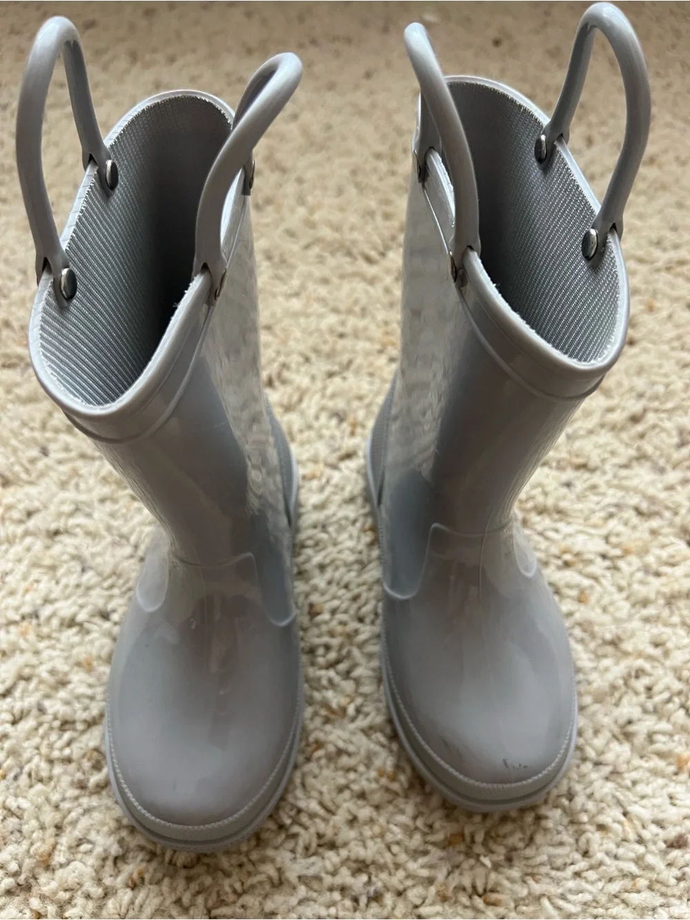 Glossy Light Gray Rain Boots with Pull Handles